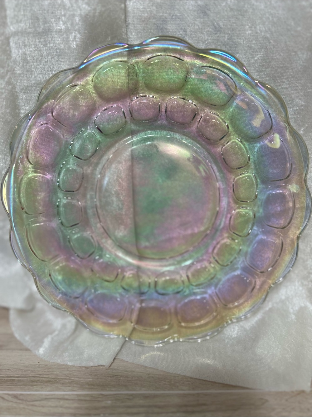 Vintage Iridescent Pressed Glass Rainbow Plate Scalloped Rim 8”